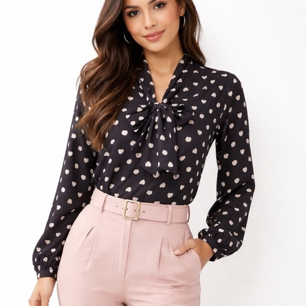 Ann Taylor LOFT Heart Print Tie Neck Bow Blouse Purple Blush Pink LS XS Preppy